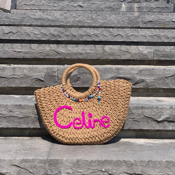 Personalized Bridesmaid Beach Bag-Hand Woven Bag-Monogrammed Beach Bag-beaded-Straw Beach Bag-Picnic Basket-Embroidered Bags-Bead Straw Bag