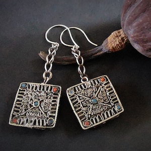 Ethnic Nepal Filigree Dangly Earrings, Artisan, Hippie, Bohemian, E2207