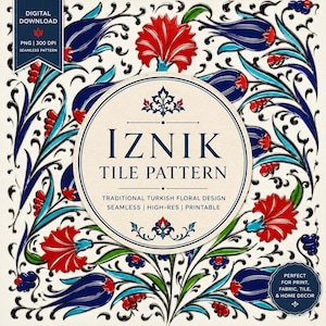 Op de afbeelding: Een digitale download met een Iznik-tegelpatroon op een crèmekleurige achtergrond, met rode anjers, donkerblauwe tulpen en groene bladeren. Het centrale ronde label toont de tekst Iznik Tile Pattern, Traditional Turkish Floral Design.