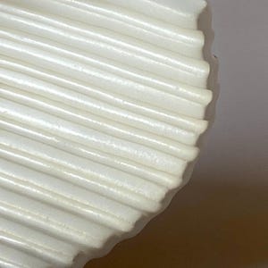 Pu&ograve; includere: Primo piano di un oggetto bianco a forma di ventaglio con una texture a coste. L'oggetto ha un bordo curvo e sembra essere fatto di un materiale solido e opaco. Le creste corrono parallele tra loro, creando un motivo.