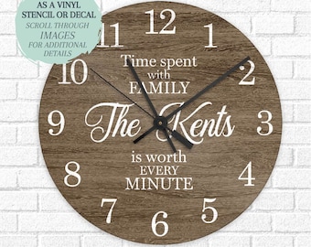 May include: A brown wooden clock with white numbers and text. The text reads "Time spent with FAMILY The Kents is worth EVERY MINUTE".