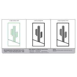 May include: A three-panel graphic showing a cactus icon in different stages: 1) SUBMIT ORIGINAL IMAGE, 2) INITIAL VECTORIZATION, and 3) PRODUCTION READY VECTOR. The bottom section lists RECOMMENDED PREPARATION LEVEL LEVEL 3 | Vector Reconstruction.