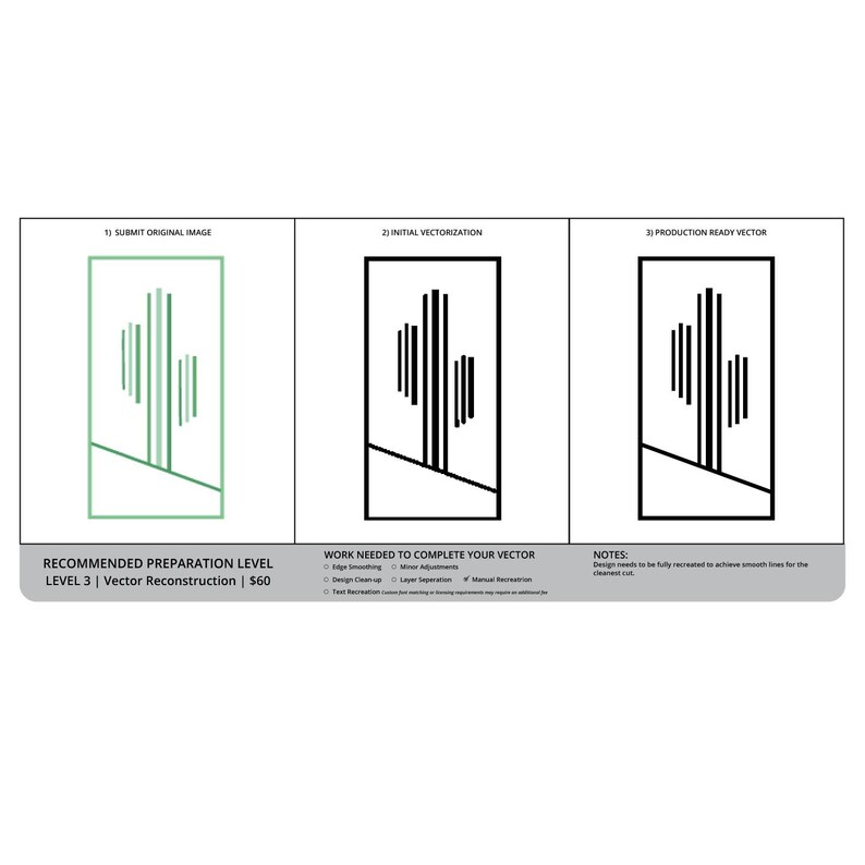 May include: A three-panel graphic showing a cactus icon in different stages: 1) SUBMIT ORIGINAL IMAGE, 2) INITIAL VECTORIZATION, and 3) PRODUCTION READY VECTOR. The bottom section lists RECOMMENDED PREPARATION LEVEL LEVEL 3 | Vector Reconstruction.