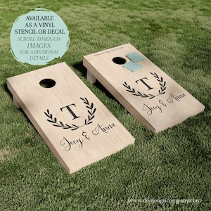 Cornhole Board STENCIL / Cornhole Board DECAL / Monogram Wreath Design / One-Time Use Adhesive Vinyl Stencil / Vinyl Decal