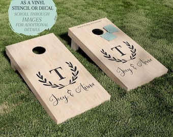 Cornhole Board STENCIL / Cornhole Board DECAL / Monogram Wreath Design / One-Time Use Adhesive Vinyl Stencil / Vinyl Decal