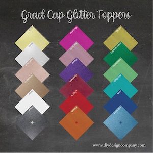 May include: A chart of 16 different colors of glitter for graduation caps. The colors are: gold, silver, rose gold, champagne, white, black, orange, scarlet, burgundy, purple, light pink, dark pink, turquoise, navy, light blue, emerald green, and light green.