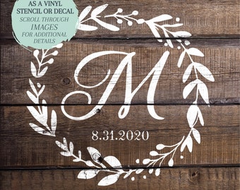 Monogram STENCIL or DECAL / Personalized Monogram / Wreath Monogram / One-Time Use Adhesive Vinyl Stencil / Vinyl Decal