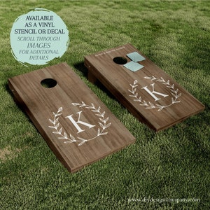 Cornhole Board STENCIL / Cornhole Board DECAL / Monogram Wreath / One-Time Use Adhesive Vinyl Stencil / Vinyl Decal