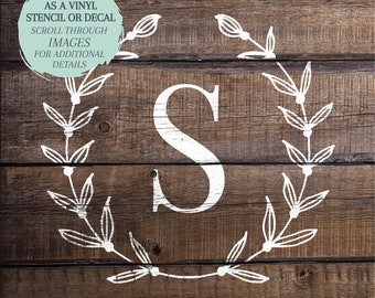 Monogram STENCIL or DECAL / Wreath Monogram / Wood Sign Stencil / Wall Decal / One-Time Use Adhesive Vinyl Stencil / Removeable Vinyl Decal