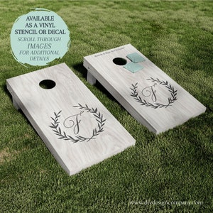 Cornhole Board STENCIL / Cornhole Board DECAL / Monogram Wreath / One-Time Use Adhesive Vinyl Stencil / Vinyl Decal