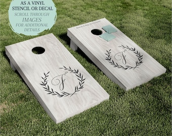 Cornhole Board STENCIL / Cornhole Board DECAL / Monogram Wreath / One-Time Use Adhesive Vinyl Stencil / Vinyl Decal