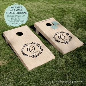 Cornhole Board STENCIL / Cornhole Board DECAL / Monogram Wreath / One-Time Use Adhesive Vinyl Stencil / Vinyl Decal