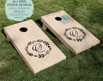 Cornhole Board STENCIL / Cornhole Board DECAL / Monogram Wreath / One-Time Use Adhesive Vinyl Stencil / Vinyl Decal
