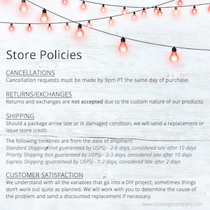 May include: A store policy document with a white wood grain background and a string of glowing red fairy lights at the top. The text outlines policies for cancellations, returns, exchanges, shipping timelines, and customer satisfaction procedures.