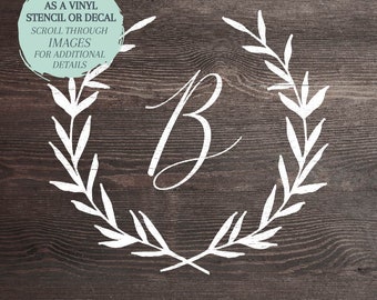 Monogram STENCIL or DECAL / Wreath Monogram / One-Time Use Adhesive Vinyl Stencil / Reverse Vinyl Stencil / Vinyl Decal