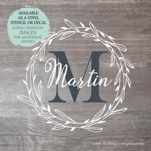 Name STENCIL or DECAL / Wreath Monogram / Wood Sign Stencil / Wall Decal / One-Time Use Adhesive Vinyl Stencil / Removeable Vinyl Decal