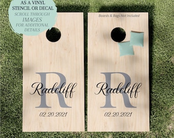 Cornhole Board STENCIL / Cornhole Board DECAL / Personalized Name and Date / One-Time Use Adhesive Vinyl Stencil / Vinyl Decal