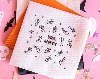 Bone Appetit Halloween Napkins, Skeleton Napkins, Skull and Crossbones, Halloween Party Supplies, Halloween party decor, Black, Set of 20