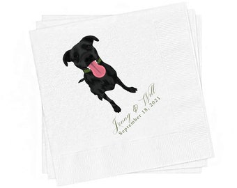 May include: White paper napkins with a black dog illustration and the text "Jenny & Will September 18, 2021".