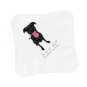May include: White paper napkins with a black dog illustration and the text "Jenny & Will September 18, 2021".