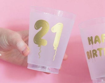 21 Balloons Frost Flex Cups, 21st Birthday Cups, 21st Birthday Party, 21 Birthday Party Decor, Gold HBD Cups, Shot Party, Plastic, Set of 10