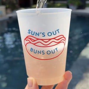 Sun's Out Buns Out Frost Flex Cups, 4th of July Shatterproof Cups, American Party Supplies, USA Party Decor, Hot Dog, Summer Cups, Set of 10