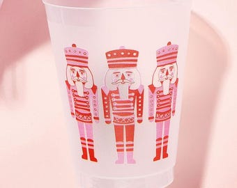 Vasos navideños de Cascanueces rosas, vasos irrompibles para fiestas navideñas, vasos navideños, vasos de Cascanueces, Navidad rosa, a todo color, juego de 10