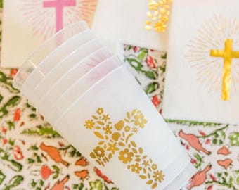 Floral Cross Frost Flex Cups, Easter, Baptism Decor,  Gold, Set of 7