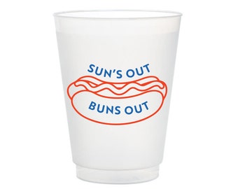 Sun's Out Buns Out Frost Flex Cups, 4th of July Shatterproof Cups, American Party Supplies, USA Party Decor, Hot Dog, Summer Cups, Set of 10