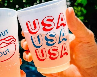 USA Frost Flex Cups, Labor Day Shatterproof Cups, American Party Supplies, All American, American theme, Red & Blue, Set of 6