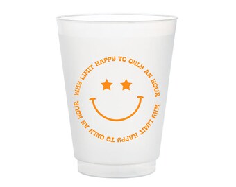 Happy Hour Cups, Why Limit Happy to Only an Hour Cups, Fun Shatterproof, Happy Hour Frost Flex, Smiley Face Frost Flex, Orange, Set of 10