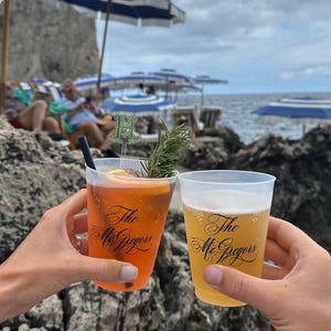 May include: Two clear plastic cups with the text "The McGregors" printed on them. One cup contains a bright orange drink with a sprig of rosemary, while the other cup contains a light yellow drink. The cups are being held up in a toast.