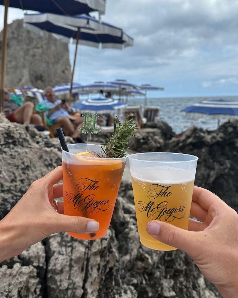 May include: Two clear plastic cups with the text "The McGregors" printed on them. One cup contains a bright orange drink with a sprig of rosemary, while the other cup contains a light yellow drink. The cups are being held up in a toast.