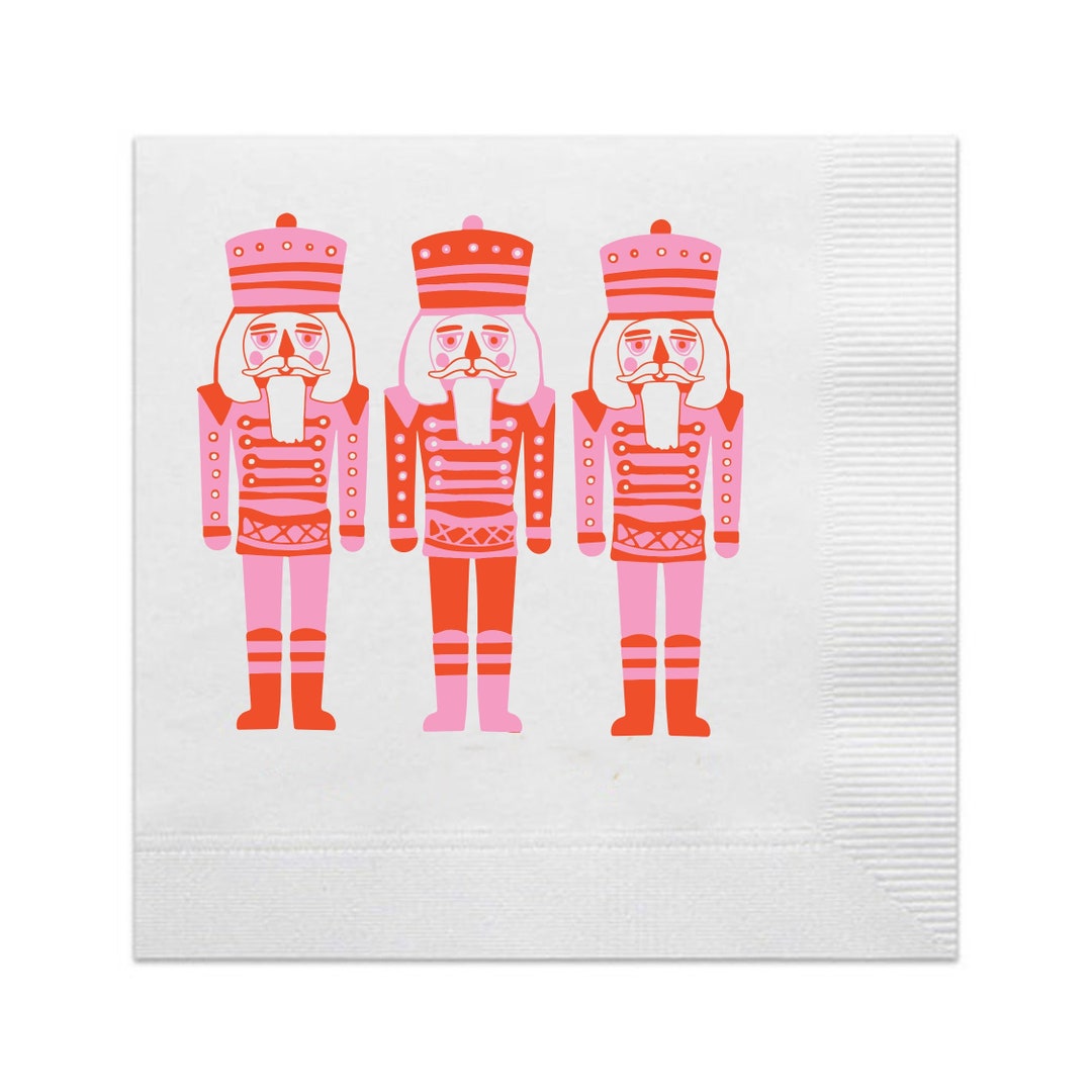 Full Color Nutcracker Cocktail Napkins, Pink Christmas Napkins