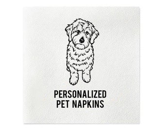 May include: A black and white illustration of a small dog sitting on a white background. The text "PERSONALIZED PET NAPKINS" is below the dog.
