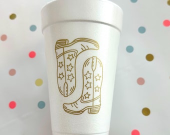 Star Boots Styrofoam Cups, Western Party Cups, Rodeo foam Cups, Gameday cups, Western Theme, Tailgate Cups, Disposable, GOLD, Set of 8