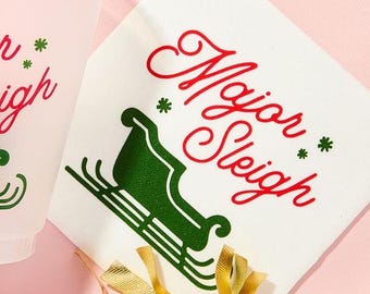 Major Sleigh Holiday Cocktail Napkins, Holiday Cocktail Napkins, Christmas Napkins, Holiday Party, Santa napkins, red & green, Set of 19