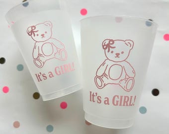 It's A Girl, Frost Flex Baby Shower Cups, Teddy Bear, Gender Reveal, Baby Sprinkle, Set of 6, 12oz & 16oz, Light Pink