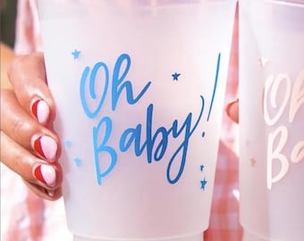 Oh Baby, Baby Shower Frost Flex Cups, Shatterproof, Baby Shower Supplies, Gender Reveal, Baby Sprinkle Party, Set of 10, Light Blue