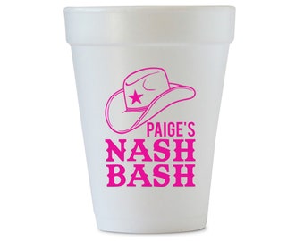 May include: White foam cup with a pink cowboy hat and the text "Paige's Nash Bash" printed on it.