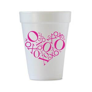 XO Heart Styrofoam Cups, XOXO Foam Party Cups, Valentines Cups, Valentine&#39;s Day Styrofoam Cups, Valentine&#39;s Party Decor, Galentine, Pink, 12