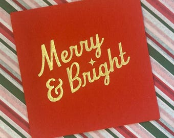 Red Merry & Bright Cocktail Napkins, Christmas Napkin, Holiday Party, Gold Foil, Set of 20