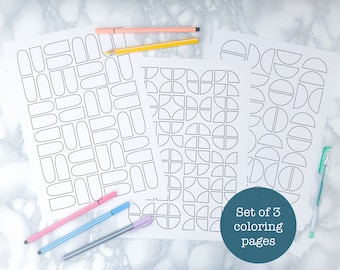 Printable geometric coloring pages, set of 3, pdf abstract coloring sheets