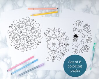 Mandala coloring pages - Bundle of 5 - Printable PDF - mandalas for kids - party favor
