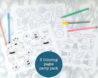 Coloring pages party pack, set of 3, monsters sweets & ice cream printable coloring pages, instant digital download,