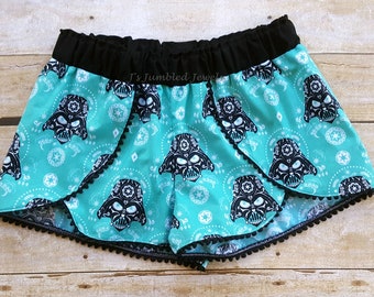 Darth Vader toddler shorts / summertime bottoms / black and teal / sugar skulls / Star Wars clothing / pom pom shorts / Coachella style
