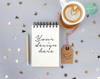 Notepad Mockup Coffee Cup Notebook Mockup Spiral Notebook Price Tag Pencil Christmas Mockup Coffee Mug Golden Stars Xmas 150 Free Book And Logo Mockups For Graphic Designers