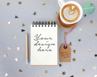 Notepad Mockup Coffee Cup Notebook Mockup Spiral Notebook Price Tag Pencil Christmas Mockup Coffee Mug Golden Stars Xmas Free Mockups Templates Psd