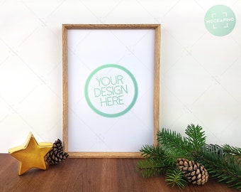 Download Free Mockup frame art, 8X11 mockup for printables, PSD mockup, Christmas stocking, stock photos decoration, psd template, pine tree, wooden frame PSD Template