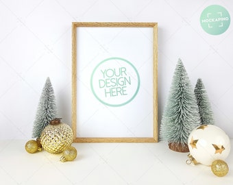 Download Free Christmas frame digital, wooden frame mockup, natural wood mockup, gold christmas, portrait frame, golden decoration, A4 size, 8x11 frame PSD Template